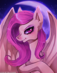 Size: 1400x1800 | Tagged: safe, artist:lizzyrascal, imported from derpibooru, fluttershy, bat pony, pony, bat ponified, crescent moon, female, flutterbat, lidded eyes, mare, moon, race swap, smiling, solo