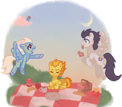 Size: 850x746 | Tagged: safe, artist:amaeeart, imported from derpibooru, fleetfoot, rainbow dash, soarin', spitfire, pegasus, pony, annoyed, apple, bread, croissant, cross-popping veins, emanata, female, food, french fries, jam, mare, mcdonald's, moon, picnic, picnic blanket, pie, strawberry, that pony sure does love pies, tongue out, trio focus, wings