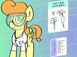 Size: 1280x960 | Tagged: safe, artist:greenhoof, imported from derpibooru, carrot top, golden harvest, earth pony, pony, abstract background, carrot, chinese, clothes, dna, female, food, goggles, gradient background, lab coat, mare, scientist, solo