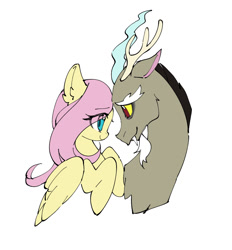 Size: 903x974 | Tagged: safe, artist:miomawla, imported from derpibooru, discord, fluttershy, draconequus, pegasus, pony, bust, discoshy, duo, eye contact, female, looking at each other, looking at someone, male, profile, shipping, simple background, smiling, straight, white background, wings