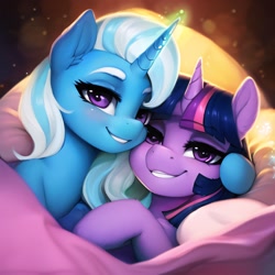 Size: 2560x2560 | Tagged: safe, imported from derpibooru, trixie, twilight sparkle, pony, unicorn, abstract background, ai content, ai generated, bed, blanket, cuddling, cute, duo, duo female, female, generator:novelai, generator:stable diffusion, high res, horn, hug, lesbian, looking at you, lying down, mare, prompter:endless--, shipping, smiling, smiling at you, snuggling, twixie