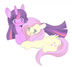 Size: 1178x1098 | Tagged: safe, artist:horseyuris, imported from derpibooru, fluttershy, twilight sparkle, pegasus, pony, unicorn, :3, ambiguous race, blushing, colored pinnae, cuddling, cute, duo, duo female, ear blush, female, horn, horn blush, lesbian, looking at each other, looking at someone, lying down, mare, open mouth, open smile, prone, shipping, shyabetes, simple background, smiling, twiabetes, twishy, unicorn twilight, white background
