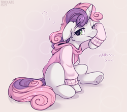 Size: 2837x2481 | Tagged: safe, artist:trickate, imported from derpibooru, sweetie belle, pony, unicorn, cheek fluff, clothes, cute, diasweetes, female, filly, floppy ears, foal, heart, heart eyes, hoodie, one eye closed, onomatopoeia, sitting, sleepy, solo, sound effects, teary eyes, underhoof, waking up, wingding eyes, wiping tears, zzz
