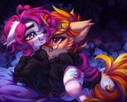 Size: 2412x1936 | Tagged: safe, artist:shenki, imported from derpibooru, oc, oc only, earth pony, pony, unicorn, clothes, duo, ear piercing, earring, glasses, jewelry, piercing, socks, striped socks