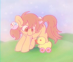 Size: 1000x844 | Tagged: safe, artist:horseyuris, imported from derpibooru, oc, oc only, earth pony, pony, cute, duckroll, female, filly, foal, solo, toy