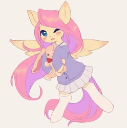 Size: 1452x1462 | Tagged: safe, artist:horseyuris, imported from derpibooru, fluttershy, pegasus, pony, bipedal, blushing, clothes, cute, ear blush, hoof hold, jacket, kneesocks, one eye closed, open mouth, open smile, plushie, shyabetes, simple background, skirt, smiling, socks, solo, spread wings, standing, standing on one leg, wings, yellow background