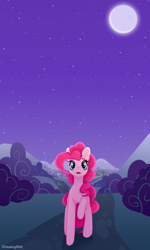 Size: 800x1332 | Tagged: safe, alternate version, artist:dreamyrat, imported from derpibooru, pinkie pie, earth pony, pony, evening, female, looking at someone, looking at you, mare, moon, mountain, open mouth, raised hoof, solo, stars, surprised, village
