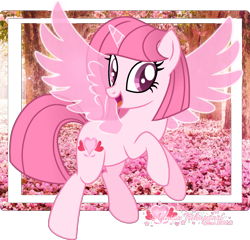 Size: 1497x1435 | Tagged: safe, artist:queenzodiac, artist:tanahgrogot, imported from derpibooru, oc, oc only, oc:annisa trihapsari, alicorn, earth pony, pony, base used, cherry blossoms, cute, earth pony oc, female, flower, flower blossom, looking at you, magic, mare, ocbetes, open mouth, open smile, real life background, smiling, smiling at you, solo, watermark