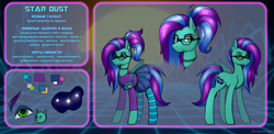 Size: 3067x1494 | Tagged: safe, alternate version, artist:kirasunnight, imported from derpibooru, oc, oc only, oc:star dust, pegasus, pony, bag, belt, blouse, blue background, blue eyeshadow, blue mane, blue socks, blue tail, choker, clothes, color palette, commission, cyrillic, ear piercing, earring, eyelashes, eyeliner, eyeshadow, femboy, folded wings, glasses, green eyes, handbag, jewelry, long mane, long tail, makeup, male, pegasus oc, piercing, ponytail, purple mane, purple tail, purse, reference sheet, russian, simple background, skirt, socks, solo, standing, stockings, striped socks, tail, teal socks, teal wings, text, thigh highs, transparent wings, two toned mane, two toned tail, wings, yellow background