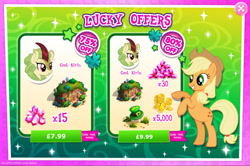 Size: 1960x1301 | Tagged: safe, imported from derpibooru, applejack, spring glow, earth pony, kirin, pony, advertisement, applejack's hat, bush, coin, costs real money, cowboy hat, english, female, gameloft, gem, hat, horn, mare, mobile game, my little pony: magic princess, numbers, official, sale, text