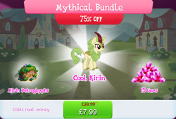 Size: 1267x857 | Tagged: safe, imported from derpibooru, spring glow, kirin, bundle, bush, costs real money, english, female, gameloft, gem, horn, mobile game, my little pony: magic princess, numbers, official, sale, solo, text