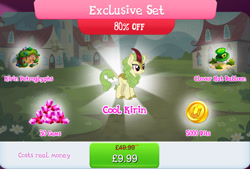 Size: 1269x858 | Tagged: safe, imported from derpibooru, spring glow, kirin, bundle, bush, coin, costs real money, english, female, gameloft, gem, horn, mobile game, my little pony: magic princess, numbers, official, sale, solo, text