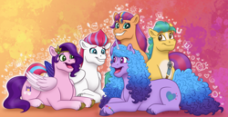 Size: 3872x1991 | Tagged: safe, artist:bella-pink-savage, imported from derpibooru, hitch trailblazer, izzy moonbow, pipp petals, sunny starscout, zipp storm, earth pony, pegasus, pony, unicorn, abstract background, blaze (coat marking), bracelet, coat markings, diadem, facial markings, female, friendship bracelet, g5, grin, group, jewelry, looking at each other, looking at someone, looking at you, male, mane five (g5), mare, open mouth, open smile, pale belly, quintet, redraw, sash, sheriff's badge, smiling, socks (coat markings), stallion, unshorn fetlocks