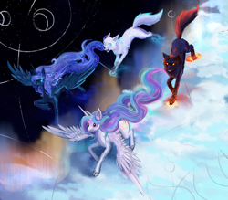 Size: 2050x1798 | Tagged: safe, artist:dalagar, imported from derpibooru, princess celestia, princess luna, alicorn, pony, wolf, commission, commissioner:shaddar, female, hati, mare, missing accessory, norse mythology, skoll