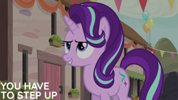 Size: 2000x1125 | Tagged: safe, edit, edited screencap, editor:quoterific, imported from derpibooru, screencap, starlight glimmer, pony, unicorn, to where and back again, balloon, female, mare, our town, solo