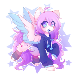 Size: 2048x2048 | Tagged: safe, artist:strawberryc208, imported from derpibooru, oc, oc only, oc:strawberryc-208, pegasus, pony, beanbrows, clothes, colored wings, cute, eye clipping through hair, eyebrows, eyebrows visible through hair, female, high res, hoodie, looking at you, mare, ocbetes, open mouth, pegasus oc, signature, simple background, socks, solo, spread wings, starry eyes, stars, white background, wingding eyes, wings