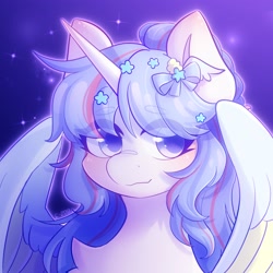 Size: 2048x2048 | Tagged: safe, artist:strawberryc208, imported from derpibooru, oc, oc only, alicorn, pony, alicorn oc, bow, eye clipping through hair, eyebrows, eyebrows visible through hair, female, hair bow, high res, horn, looking at you, mare, partially open wings, signature, smiling, smiling at you, solo, wings