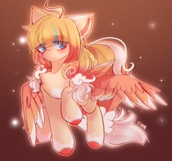 Size: 1776x1670 | Tagged: safe, artist:strawberryc208, imported from derpibooru, oc, oc only, pegasus, pony, colored wings, colored wingtips, eye clipping through hair, eyebrows, eyebrows visible through hair, female, gradient background, looking at you, mare, pegasus oc, raised hoof, signature, solo, sparkles, wings