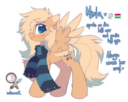 Size: 1000x800 | Tagged: safe, artist:mirtash, imported from derpibooru, oc, oc only, oc:mirta whoowlms, pegasus, pony, clothes, female, mare, pegasus oc, ponysona, reference sheet, scarf, simple background, solo, striped scarf, white background