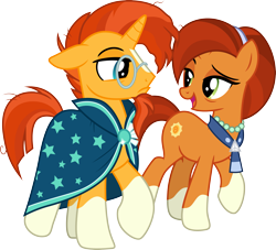 Size: 3299x3000 | Tagged: safe, artist:cloudy glow, imported from derpibooru, stellar flare, sunburst, earth pony, pony, unicorn, the parent map, .ai available, blaze (coat marking), cloak, clothes, coat markings, duo, duo male and female, facial markings, female, floppy ears, glasses, headband, male, mare, messy mane, open mouth, raised hoof, simple background, socks (coat markings), stallion, sunburst's cloak, transparent background, vector