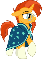 Size: 3000x4118 | Tagged: safe, artist:cloudy glow, imported from derpibooru, sunburst, pony, unicorn, the parent map, .ai available, blaze (coat marking), cloak, clothes, coat markings, facial markings, floppy ears, glasses, male, messy mane, raised hoof, simple background, socks (coat markings), solo, stallion, sunburst's cloak, transparent background, vector