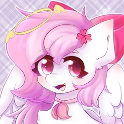 Size: 2048x2048 | Tagged: safe, artist:strawberryc208, imported from derpibooru, oc, oc only, pegasus, pony, abstract background, collar, eyebrows, eyebrows visible through hair, female, high res, looking at you, mare, open mouth, partially open wings, pegasus oc, signature, solo, wings
