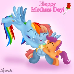 Size: 1400x1400 | Tagged: safe, artist:mlplary6, imported from derpibooru, rainbow dash, scootaloo, windy whistles, pegasus, pony, ^^, adopted, adopted offspring, eyes closed, female, filly, flower, flying, foal, happy, hug, mare, mother and child, mother and daughter, mother's day, open mouth, rose, scootalove, siblings, sisters, sitting, smiling, spread wings, text, wings