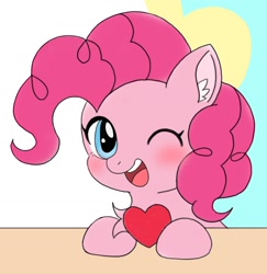 Size: 1634x1681 | Tagged: safe, artist:ruto_me, imported from derpibooru, pinkie pie, earth pony, pony, ear fluff, female, heart, looking at you, one eye closed, open mouth, open smile, smiling, solo, wink, winking at you