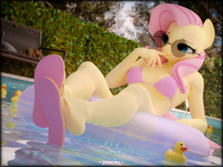 Size: 3840x2880 | Tagged: safe, artist:steamyart, imported from derpibooru, fluttershy, anthro, pegasus, plantigrade anthro, timber wolf, 3d, bikini, bikini top, blender, blender cycles, clothes, feet, flip-flops, inner tube, pool toy, rubber duck, sandals, solo, sunglasses, swimming pool, swimsuit