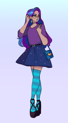 Size: 2364x4224 | Tagged: safe, alternate version, artist:ekot, imported from derpibooru, oc, oc only, oc:star dust, human, bag, belt, bipedal, blouse, blue eyeshadow, blue hair, blue lipstick, blue socks, choker, clothes, commission, crossed legs, dark skin, ear piercing, earring, eyelashes, eyeliner, eyeshadow, femboy, full body, glasses, gradient background, green eyes, handbag, high heels, humanized, humanized oc, jewelry, lipstick, long hair, long hair male, long nails, looking at something, loose hair, makeup, male, miniskirt, piercing, pink background, purple hair, shoes, simple background, skirt, socks, solo, standing, stockings, striped socks, teal background, teal socks, thigh highs, thigh socks, two toned hair, zettai ryouiki