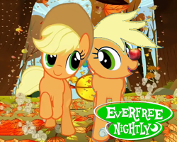 Size: 598x478 | Tagged: safe, edit, edited screencap, imported from derpibooru, screencap, applejack, rainbow dash, earth pony, pegasus, pony, fall weather friends, cropped, duo, everfree nightly, leaves