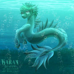 Size: 1280x1280 | Tagged: safe, artist:mandyf3lix, imported from derpibooru, oc, oc only, hybrid, merpony, seapony (g4), bubble, commission, crepuscular rays, digital art, dorsal fin, fin, fish tail, flowing tail, gills, green eyes, green mane, looking at you, male, ocean, seapony oc, seaweed, signature, smiling, smiling at you, solo, stallion, sunlight, swimming, tail, underwater, unshorn fetlocks, water