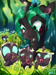 Size: 2400x3200 | Tagged: safe, artist:br0via, imported from derpibooru, queen chrysalis, changeling, changeling larva, changeling queen, baby changeling, female, mommy chrissy, mother's day