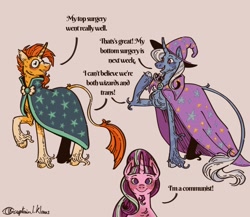 Size: 1150x1000 | Tagged: safe, artist:captain_l_klaus, imported from derpibooru, starlight glimmer, sunburst, trixie, classical unicorn, unicorn, cloven hooves, female, horn, leonine tail, male, meme, my top surgery went really well, ponified meme, s5 starlight, simple background, tail, transgender, trio, unshorn fetlocks
