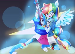 Size: 3123x2253 | Tagged: safe, artist:applejack_yokai, imported from derpibooru, rainbow dash, equestria girls, electric guitar, female, guitar, musical instrument, playing instrument, ponied up, solo