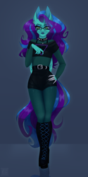 Size: 1626x3240 | Tagged: safe, artist:elektra-gertly, imported from derpibooru, oc, oc only, oc:star dust, anthro, pegasus, belt, black underwear, blouse, blue background, blue eyeshadow, blue lipstick, blue mane, blue tail, boots, bra, choker, clothes, commission, ear piercing, earring, eyelashes, eyeliner, eyeshadow, femboy, folded wings, glasses, goth, green eyes, hand on hip, high heel boots, high heels, jewelry, lipstick, long hair male, long mane, long nails, long tail, looking at you, loose hair, makeup, male, metal claws, pantyhose, pathetic, pegasus oc, piercing, platform heels, platform shoes, purple mane, purple tail, reflection, see-through, shirt, shoes, shorts, simple background, socks, spiked choker, standing, t-shirt, tail, teal wings, thigh highs, two toned mane, two toned tail, underwear, unimpressed, wings