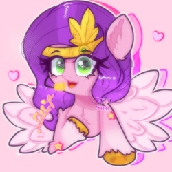 Size: 1280x1280 | Tagged: safe, artist:vanillapie10, imported from derpibooru, pipp petals, pegasus, pony, female, g5, pink background, simple background, solo