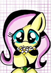 Size: 336x480 | Tagged: safe, artist:mashachoco20, imported from derpibooru, fluttershy, pegasus, pony, bouquet, female, flower, front view, full face view, halftone, holding, looking at you, smiling, solo