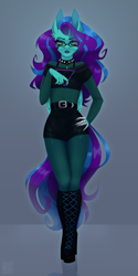 Size: 1626x3240 | Tagged: safe, alternate version, artist:elektra-gertly, imported from derpibooru, oc, oc only, oc:star dust, anthro, pegasus, belt, black underwear, blouse, blue eyeshadow, blue lipstick, blue mane, blue tail, boots, bra, choker, clothes, commission, ear piercing, earring, eyelashes, eyeliner, eyeshadow, femboy, folded wings, glasses, goth, gray background, green eyes, hand on hip, high heel boots, high heels, jewelry, lipstick, long hair male, long mane, long nails, long tail, looking at you, loose hair, makeup, male, metal claws, pantyhose, pathetic, pegasus oc, piercing, platform heels, platform shoes, purple mane, purple tail, reflection, see-through, shirt, shoes, shorts, simple background, socks, spiked choker, standing, t-shirt, tail, teal wings, thigh highs, two toned mane, two toned tail, underwear, unimpressed, wings