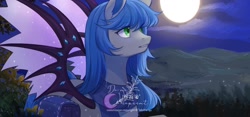 Size: 1200x560 | Tagged: safe, artist:tabithaqu, imported from derpibooru, oc, bat pony, pony, female, mare, moon, night, solo