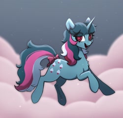 Size: 1950x1870 | Tagged: safe, artist:_alixxie_, imported from derpibooru, fizzy, pony, twinkle eyed pony, bow, cloud, eye clipping through hair, female, g1, g1 to g4, g4, generation leap, open mouth, open smile, smiling, solo, tail, tail bow