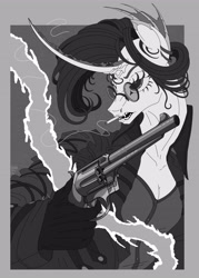 Size: 3543x4961 | Tagged: safe, artist:hilloty, imported from derpibooru, oc, anthro, unicorn, anthro oc, black and white, cigarette, clothes, coat, demicorn, fangs, female, glasses, grayscale, gun, handgun, lineart, monochrome, revolver, solo, weapon