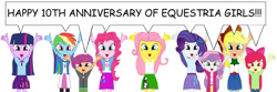 Size: 1024x339 | Tagged: safe, artist:pre-animationman, imported from derpibooru, apple bloom, applejack, fluttershy, pinkie pie, rainbow dash, rarity, scootaloo, sweetie belle, twilight sparkle, human, equestria girls, equestria girls (movie), anniversary, anniversary art, arms in the air, cutie mark crusaders, dialogue, digital art, english, ennead, equestria girls 10th anniversary, excited, happy, humane five, humane six, looking at you, newbie artist training grounds, nonet, simple background, speech bubble, text, white background