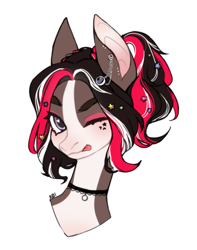 Size: 1711x2168 | Tagged: safe, artist:ruru_01, imported from derpibooru, oc, oc only, oc:jenny mayer, bat pony, pony, barrette, bat pony oc, birthmark, bust, choker, cute, ear piercing, earring, female, freckles, heart, jewelry, makeup, piercing, ponytail, portrait, simple background, solo, stars, tongue out, white background