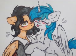 Size: 3981x2935 | Tagged: safe, artist:starkey, imported from derpibooru, oc, alicorn, pegasus, pony, blushing, chest fluff, clothes, cuddling, ear fluff, fluffy, frown, looking at you, one eye closed, smiling, tongue out, traditional art, wink, winking at you