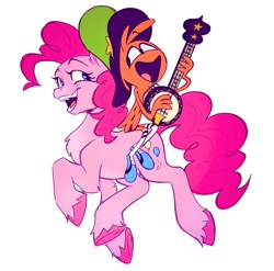 Size: 680x673 | Tagged: safe, artist:morgantoast, imported from derpibooru, pinkie pie, alien, earth pony, pony, banjo, crossover, cute, daaaaaaaaaaaw, diapinkes, duo, hat, looking at each other, looking at someone, musical instrument, prancing, riding, riding a pony, simple background, wander (wander over yonder), wander over yonder, white background