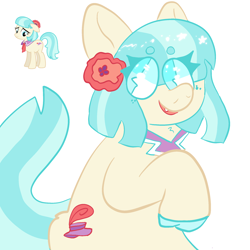 Size: 2048x2048 | Tagged: safe, imported from derpibooru, coco pommel, earth pony, pony, art, blue, blue mane, collar, colored, digital art, fanart, flower, flower in hair, hooves, simple background, smiling, snoot, sparkles, white background