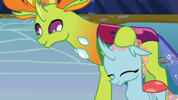 Size: 1920x1080 | Tagged: safe, imported from derpibooru, screencap, ocellus, thorax, changedling, changeling, school daze, season 8, spoiler:s08, 1080p, ^^, cute, daaaaaaaaaaaw, diaocelles, duo, eyes closed, female, friendship student, happy, king thorax, male, noogie, papa thorax, petting, smiling, thorabetes