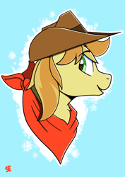 Size: 2480x3508 | Tagged: safe, artist:sefastpone, imported from derpibooru, braeburn, earth pony, pony, bust, clothes, cowboy hat, cute, digital art, hat, looking back, male, open mouth, open smile, scarf, simple background, smiling, stallion