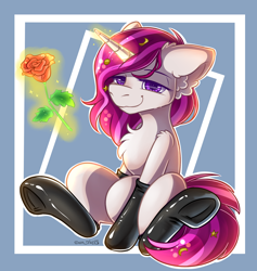 Size: 2120x2233 | Tagged: safe, artist:yuris, imported from derpibooru, oc, oc:zew, pony, unicorn, clothes, commission, flower, frog (hoof), latex, latex socks, magic, magic aura, multiple variants, rose, simple background, sitting, smiling, socks, solo, telekinesis, underhoof